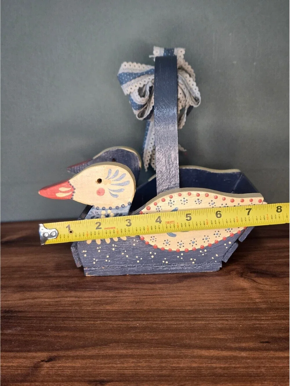 Vintage Wooden Duck Basket Blue Hand Painted Farmhouse Decorative Trug